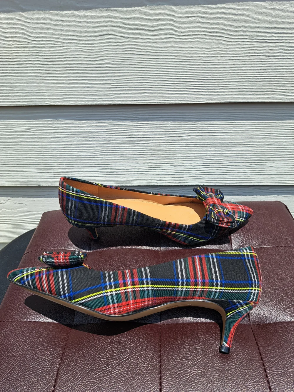 J. CREW Plaid Bow Pointed-Toe Kitten Heel Pumps - Multicolor